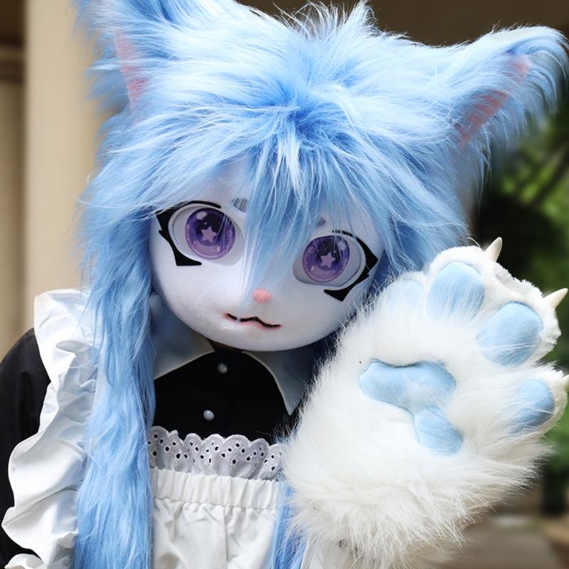 Felliger Tierkopf Katzen Fursuit Cut Maske Plüsch Katzenmaske Niedlicher Katzenkopfschmuck für Halloween Maskenbälle Cosplay Requisiten