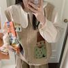 Autumn and Winter New Contrasting Color Retro Knitted Cardigan Vest Women's Loose Lazy Style Cartoon Sweater Jacket Top