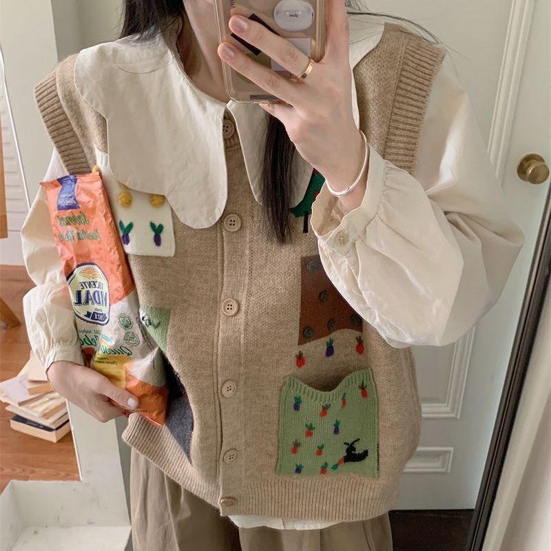 Autumn and Winter New Contrasting Color Retro Knitted Cardigan Vest Women's Loose Lazy Style Cartoon Sweater Jacket Top