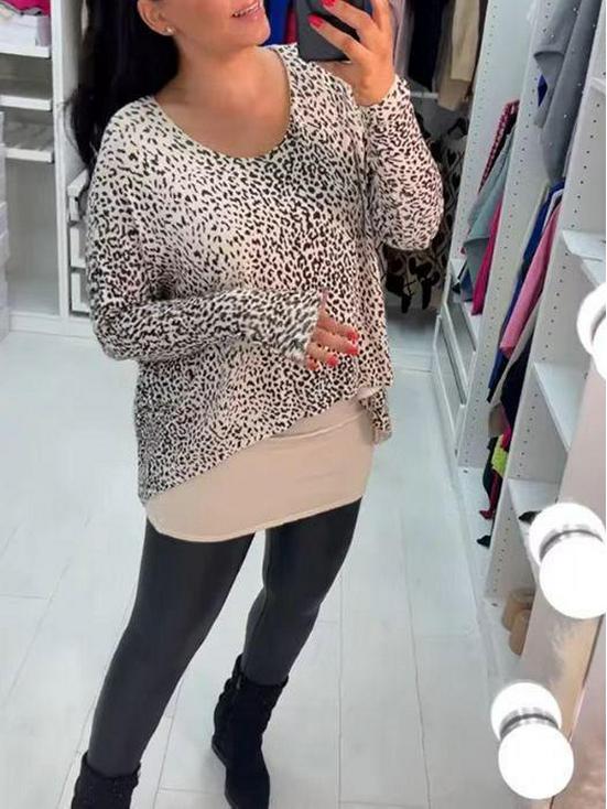 European and American Leopard Print Crew Neck Long Sleeve Two-Piece Look Women's Top - Summer 2025 Collection.