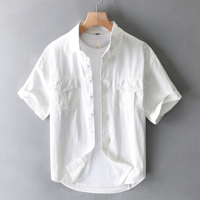 Summer American-Style Casual Short-Sleeve Shirt for Men, Loose Fit for Big and Tall Guys, Pure Cotton Work Shirt Jacket with Heavy Texture