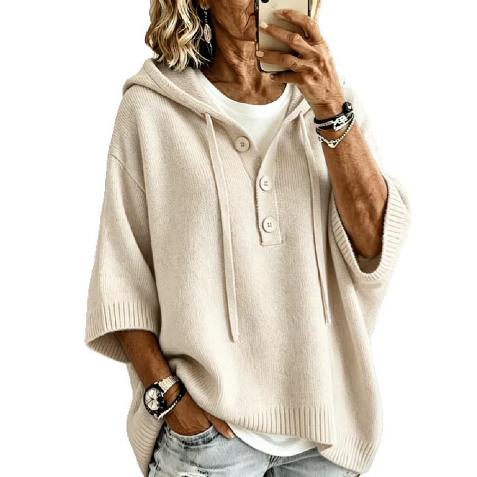 2026 Women's Hooded Knit Sweater with Buttons - Autumn/Winter European American Style, Versatile, Solid Color, Half-Open, Cozy Fit.