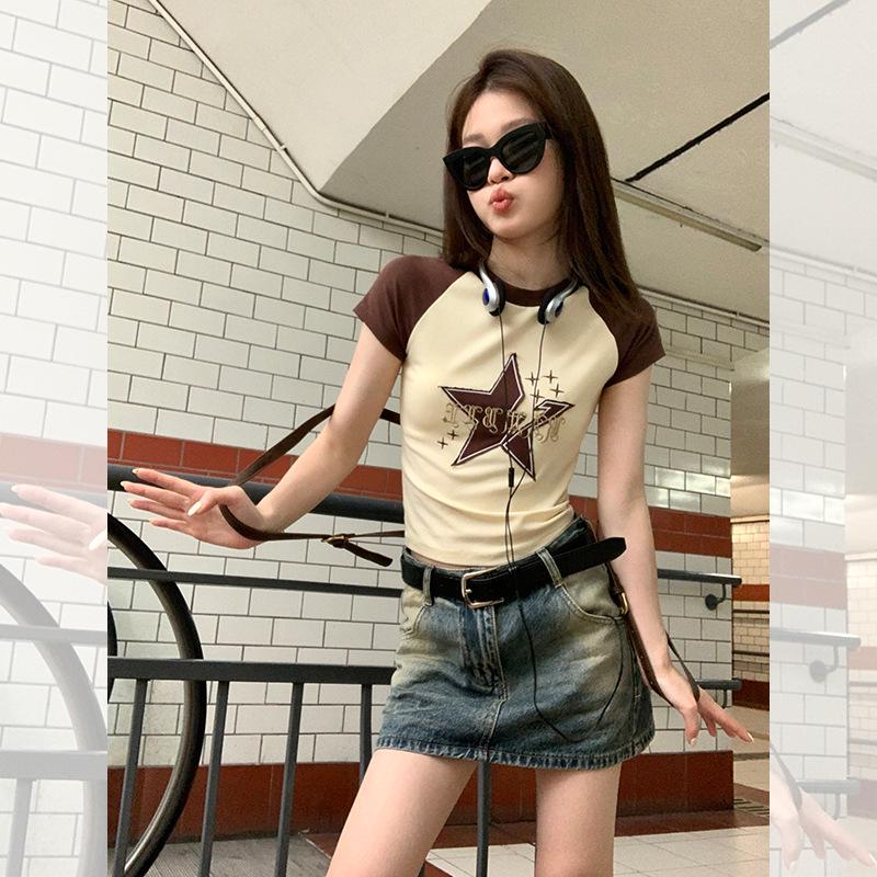 

Women s American Retro Star Color Block Raglan Tee - Sexy Summer Lace-Up Short Sleeve Top XL (recommended for 53-60 kg)