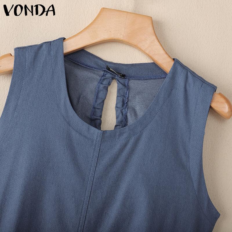 VONDA Women Round Neck Sleeveless Backless Drawstring Casual Long Dress