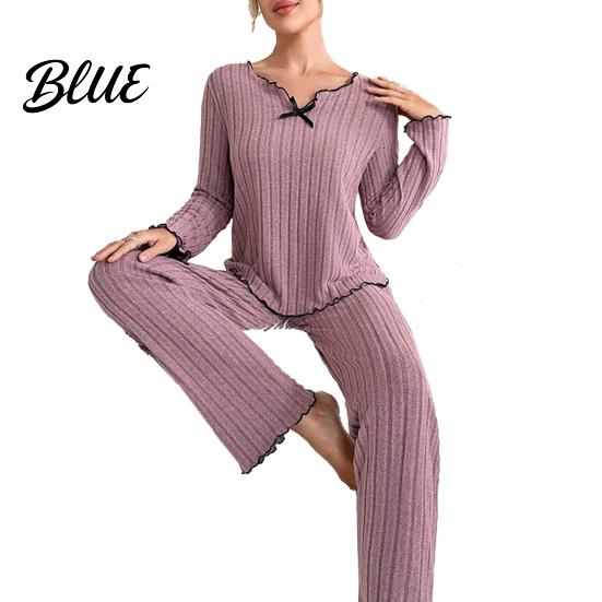 Women Pajama Set 2Pcs/Set Pajamas V-Neck Long Sleeve Lace Trim Tops Casual Home Clothing Elastic