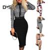 Women Slim Fit Bodycon Midi Dress Lapel Long Sleeve High Waist Plaid Print Office Lady Dress Workwear