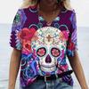 Summer V-neck 3D Skull Rose Print Top Fashionable Casual Short Sleeved Women's T-shirts