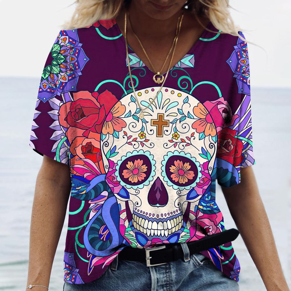 Summer V-neck 3D Skull Rose Print Top Fashionable Casual Short Sleeved Women's T-shirts
