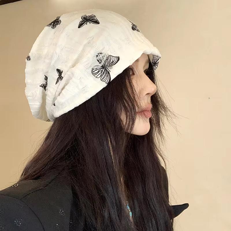 Korean Butterfly Print Beanies Hat Women Lady Cotton Baggy Sloughy Skullcap Japanese Street Girls Warm Pullover Caps Bonnet