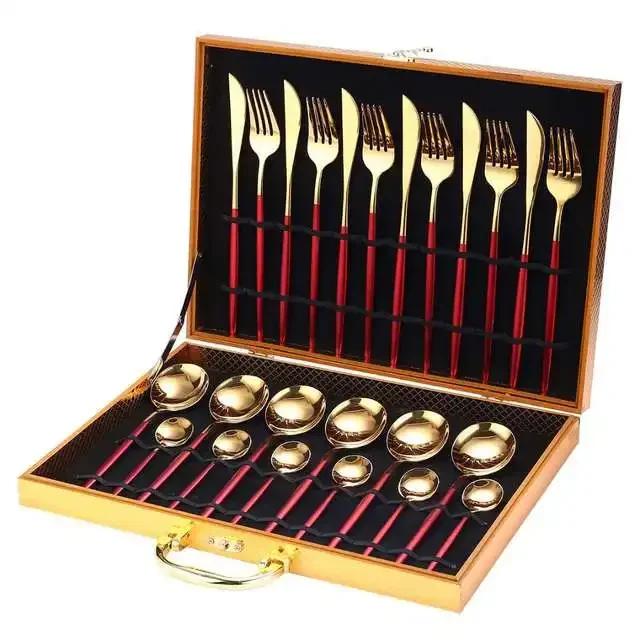 Tableware Set Gift Box Fabulous Cutlery Knife Fork Dessert Spoon Coffee Spoon 24PCS Gold Flatware Dinnerware Sets