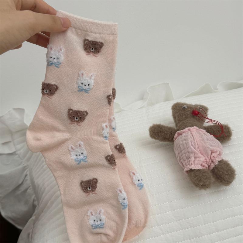 Cute Little Rabbit and Bear Mid-calf Socks, Girls' Cartoon Trendy Casual Cotton Socks, School Style Socks