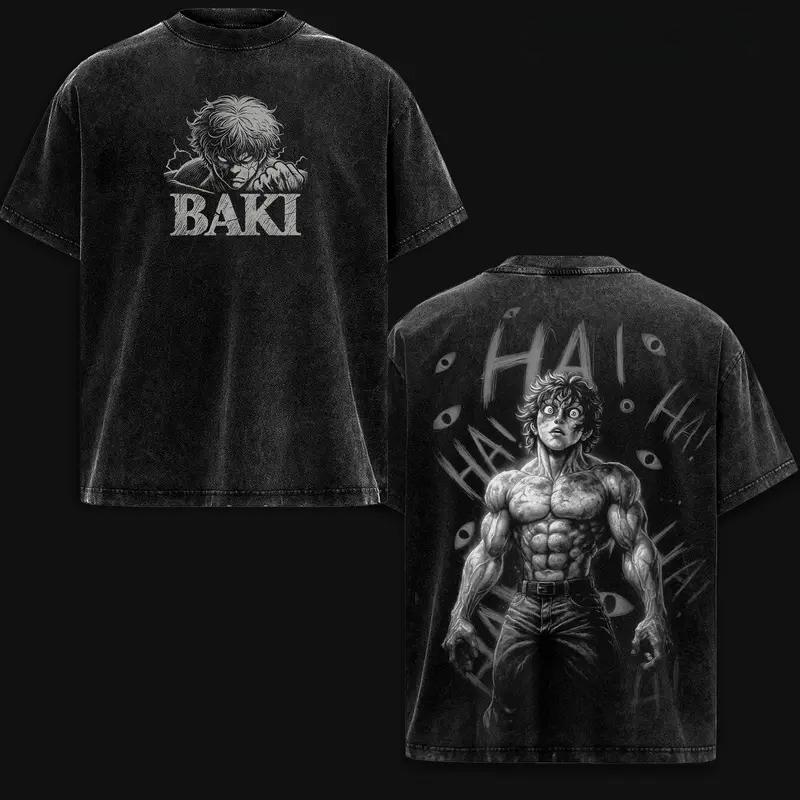 Manga Baki Hanma Baki Printed Tee Men Short Sleeve Clothing Washed Cotton T-shirt Vintage Casual T Shirt Harajuku Male Tshirt