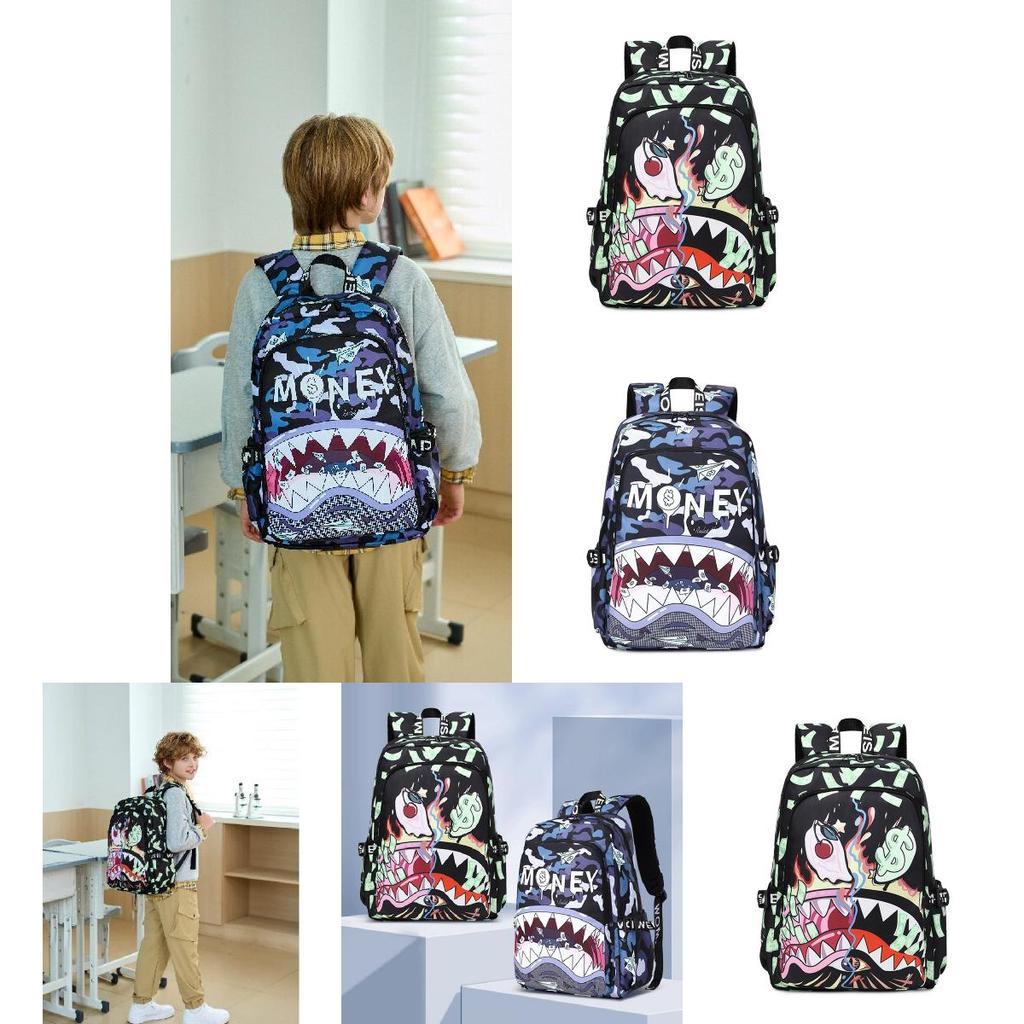 Mochila Escolar Colorida de Tubarão com Material de Nylon Impermeável para Crianças da Escola e Estampa de Desenho Animado