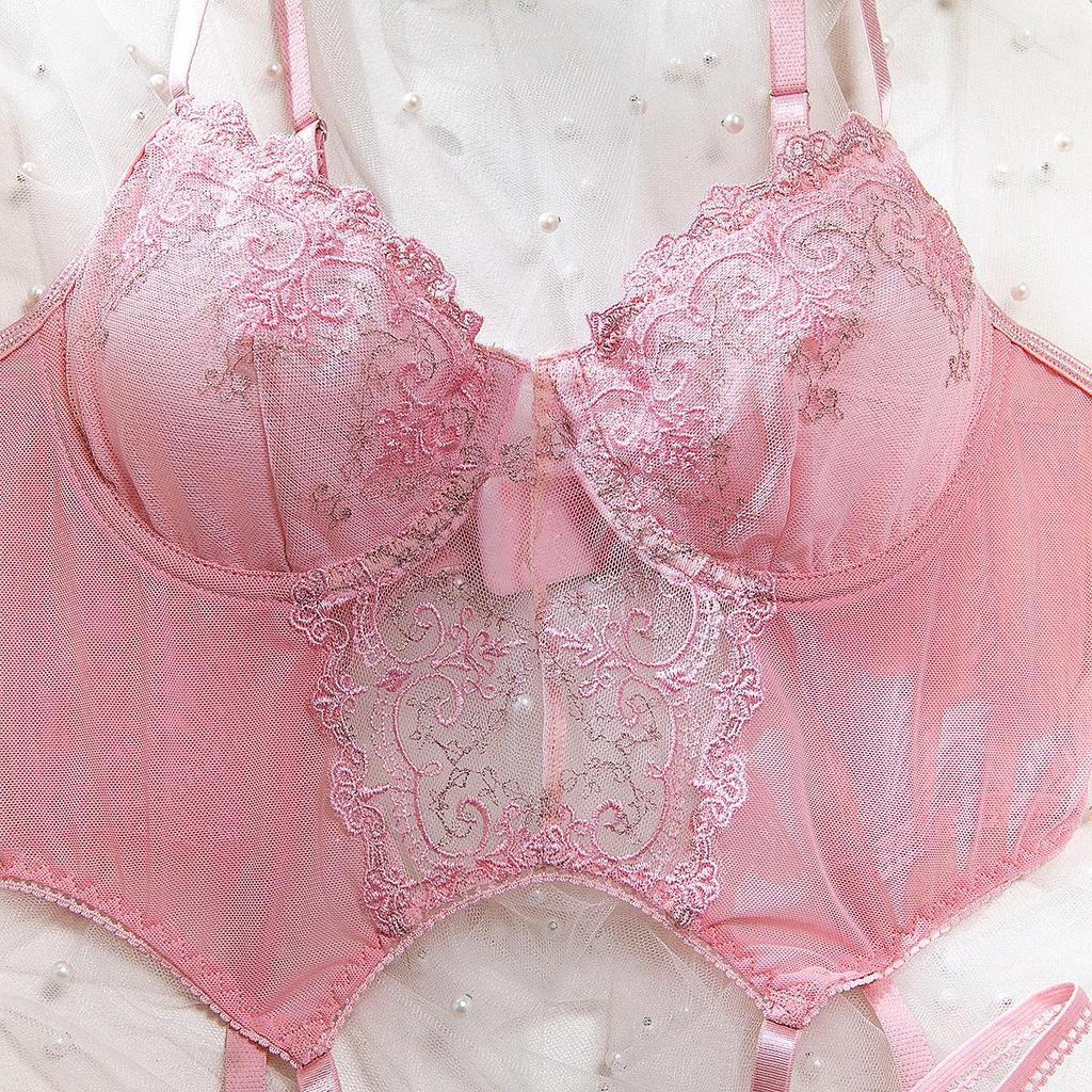 European and American Embroidered Push-up Lingerie Set - Pink, Underwire, Sexy, Comfortable, Tempting