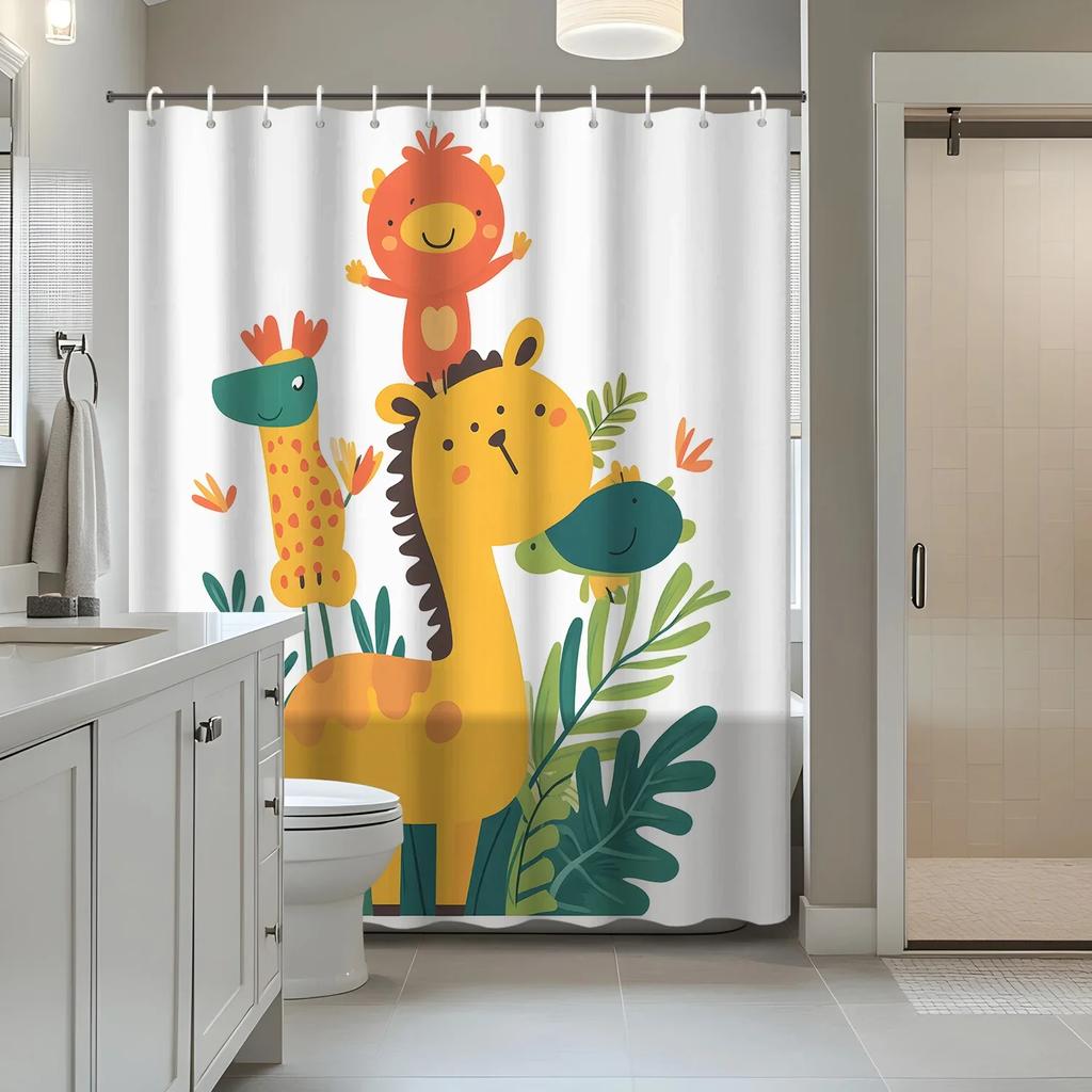 1Pc Cartoon Animal Forest Shower Curtain Partition Curtain, Cute Giraffe Monkey And Green Leaf Curtain, 12 Hooks Shower