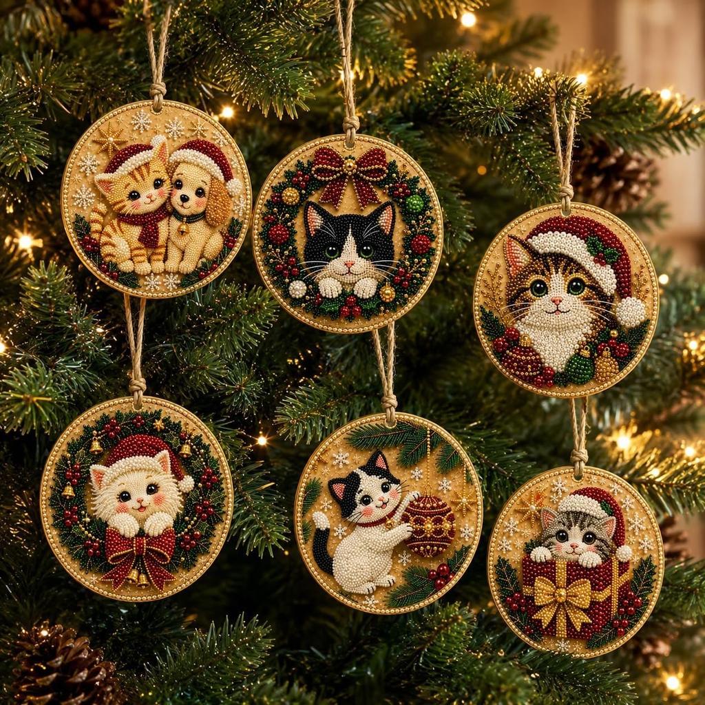 6-teiliges Set bunter Holz-Weihnachtsdekorationen