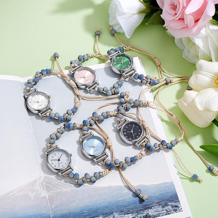 Kleine duftende gewebte Uhr für Damen Armband Digitalanzeige Lässig Elegant Teerosen Perlenuhr