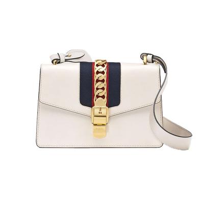 Gucci Sylvie Gold Buckle Striped Web Satin Bow Wide Shoulder Strap Leather Handbag Women Handbags White 421882-CVLEG-8605