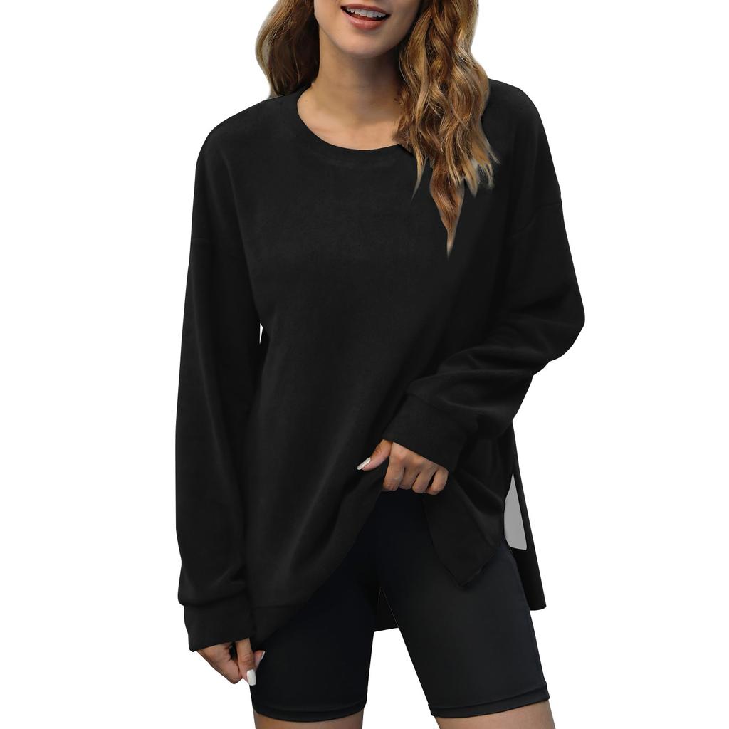 Women's Fashion Solid Color V-Neck Side Split Round Neck Pullover Long Sleeve Top Sweatshirt