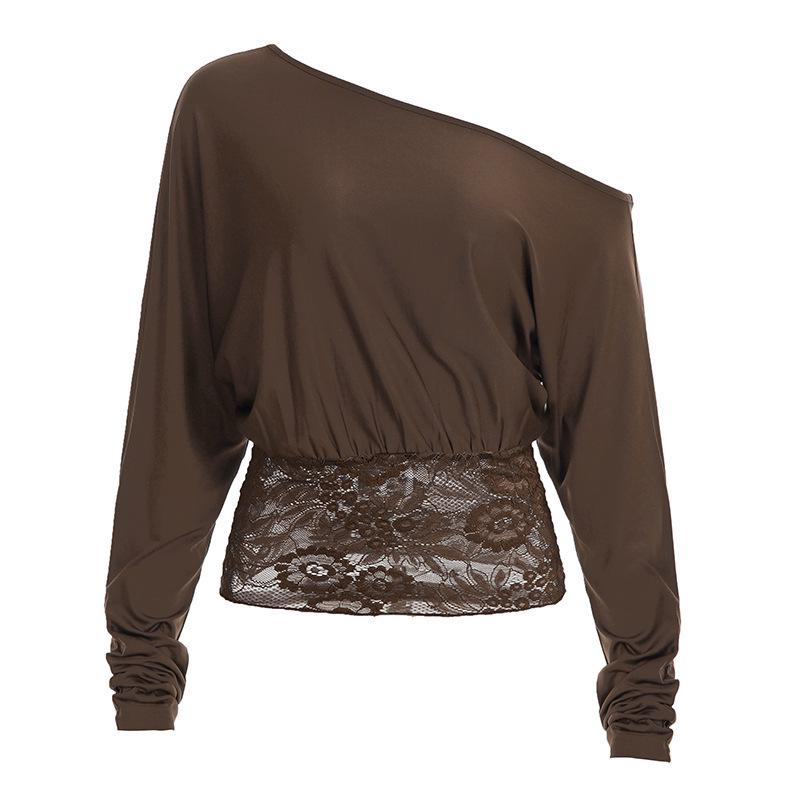 European & American One-Shoulder Lace Patchwork See-Through Cropped T-Shirt