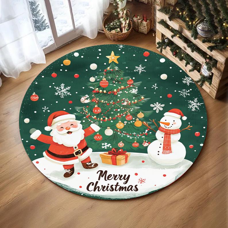 Christmas Snowflake Christmas Tree Round Rug Holiday Decor Cozy Living Room Bedroom FloorMat Winter Seasonal Decor Bedside Rug