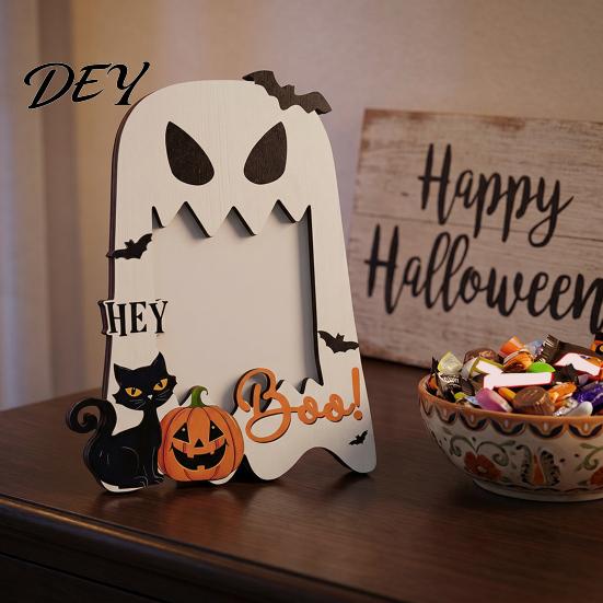 Thanksgiving Home Decor Halloween Wooden Photo Frame, Pumpkin Ghost Cat Cutout Picture Frame Holder, Double-sided Holiday Tabletop for Party Seasonal