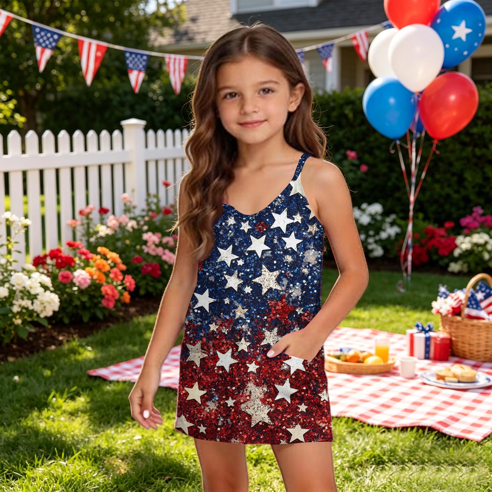 

Girls Summer V Neck Romper Sleeveless One Piece Outfit with Pockets and Shorts Suitable for Independence Day Casual Wear 140 Темно-синій
