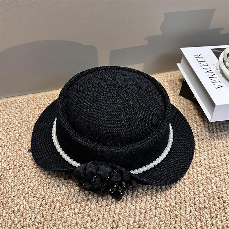 

Floral Flat Top Straw Hat for Women French Hollowed out Sun Hat Spring Summer Beach Vacation Casual Outdoor Fashion Accessory Adult 56-58cm чорний
