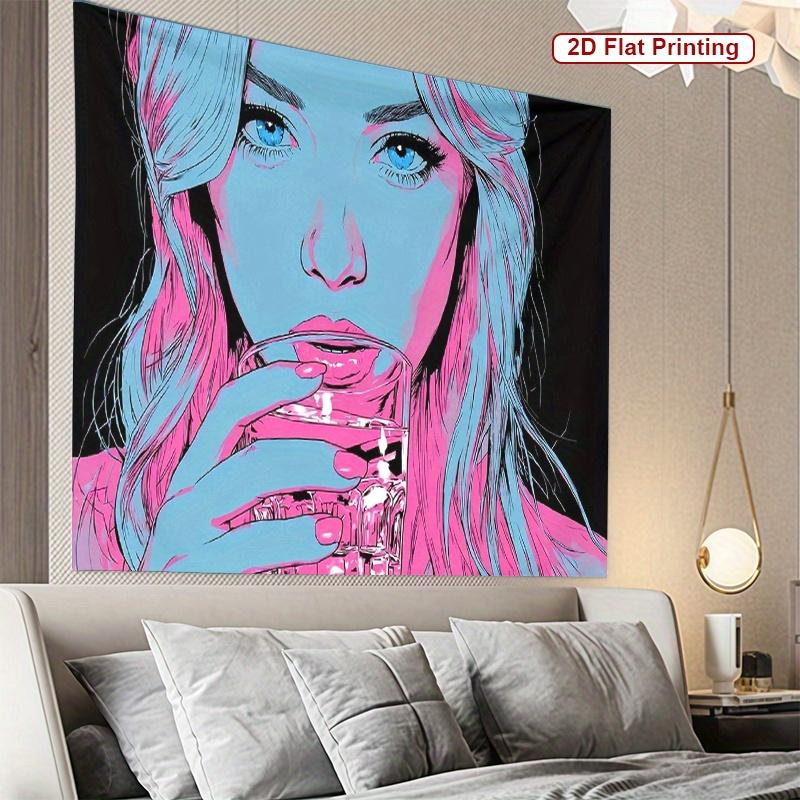 Pop Art Woman Portrait Tapestry Turquoise and Pink Abstract Design Modern Art Wall Hanging for Bedroom or Dorm Decor