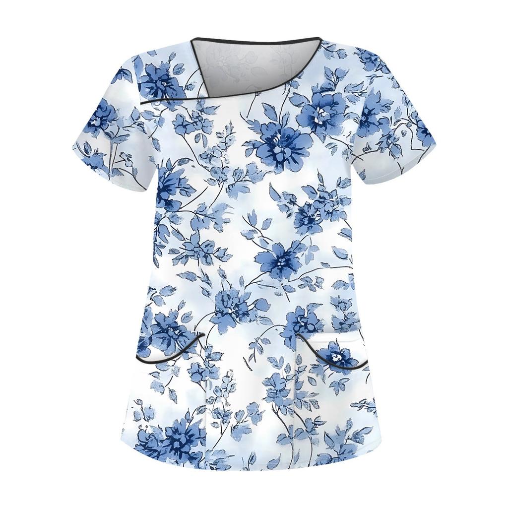 Women's Casual Print Short Sleeve Sloping Collar Workwear Top With Double Pockets