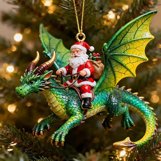 Christmas Door Window Decor Santa Claus Dragon Rider Ornament, 2D Acrylic Red Unique Xmas Ornament for Home with Flying Tree Hanging Decorations