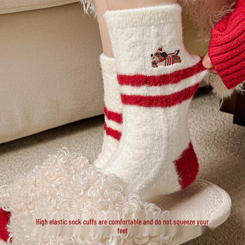 Benmingnian Women's Thick Coral Fleece Socks - Cozy Red Christmas Winter Sleepwear