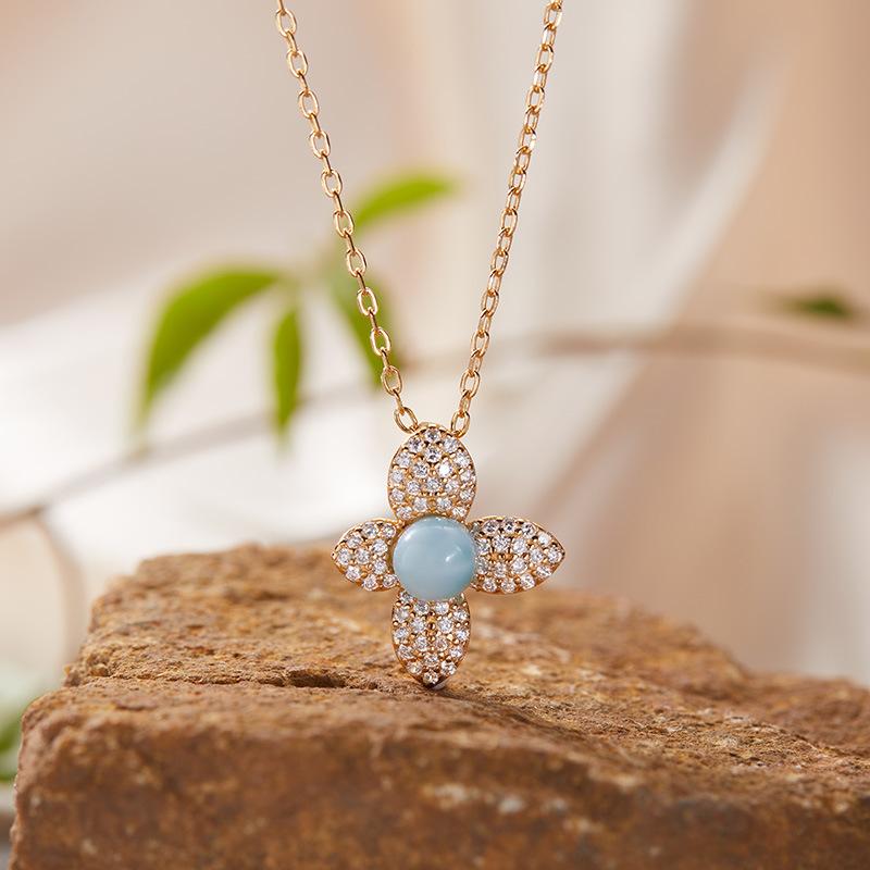 S925 Sterling Silver Natural Colored Treasure Necklace Flower Pendant Women'S Japan And Korea Small Fresh Set Simple And Sweet Collarbone Chain