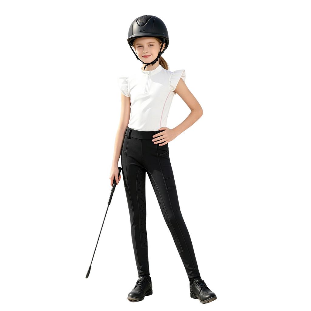 Mädchen Reitsport Reiten Reißverschluss Stehkragen Rüschenärmel Kontrastbesatz Oberteil Anti-Rutsch Vollbesatz Reithose Outfit