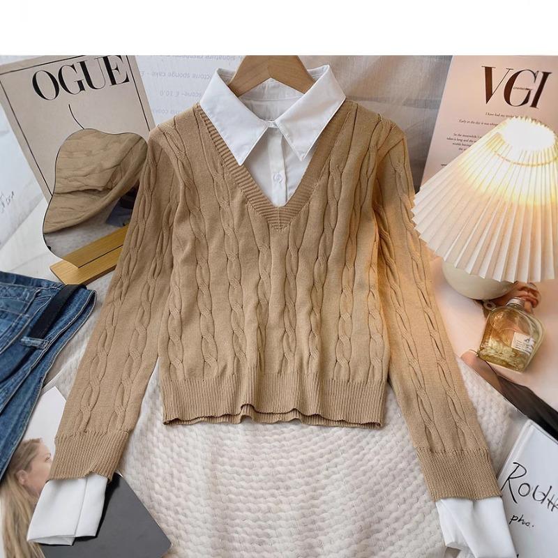 Lapel splicing fake two-piece sweater women's autumn and winter new slim-fit long-sleeved knitted top trendy