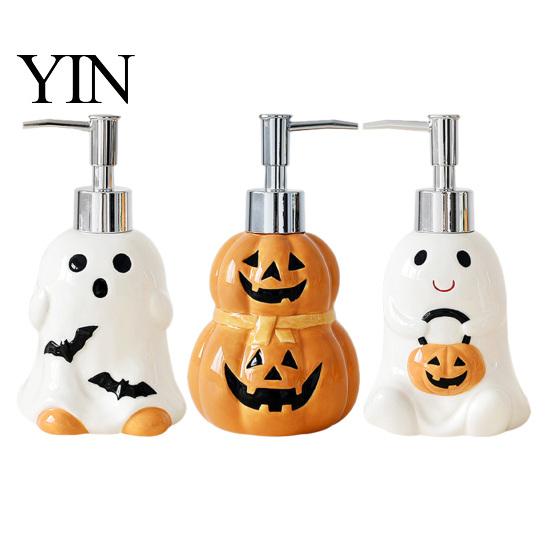 Spooky Soap Dispenser Halloween Ceramic Ghost Dispenser, with Stainless Steel Pump, Pumpkin Refillable Pump Bottle Liquid Hand Container, Empty Shower