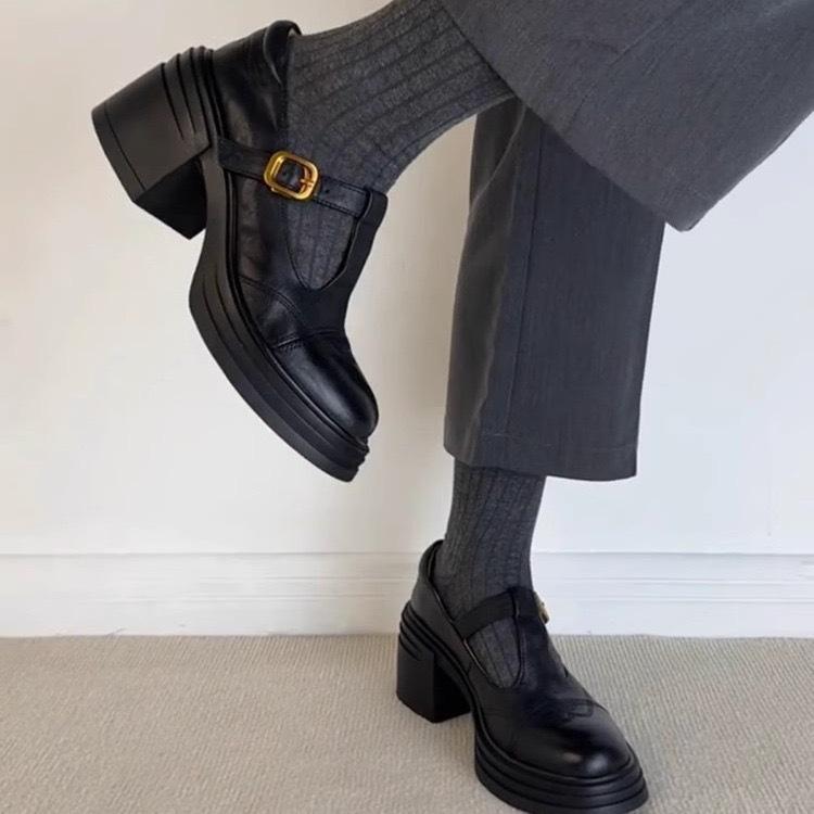 Scarpe da Donna Primavera Autunno con Punta Tonda e Tacco Alto, Tacchi Spessi, Piattaforma in Vera Pelle, Scarpe Mary Jane Retrò Versatili per Donna