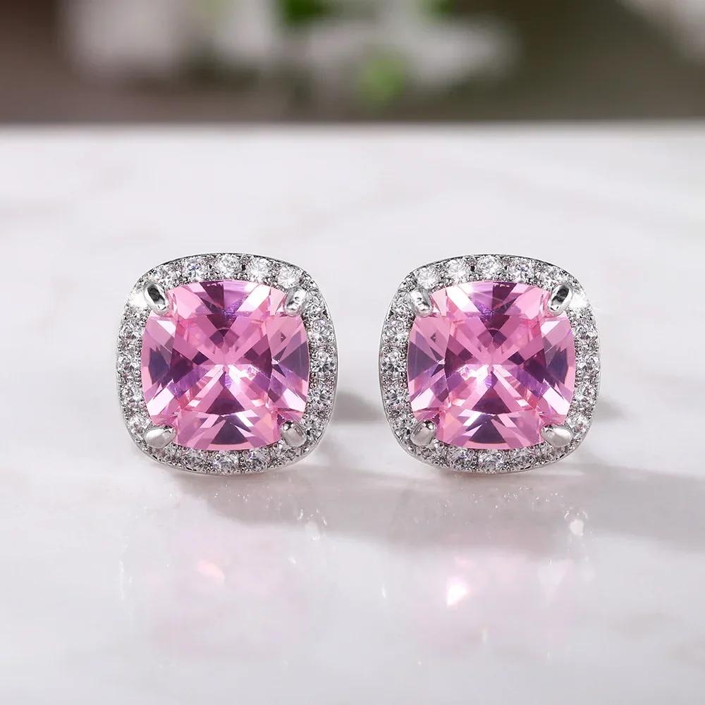 Elegant Light Luxury Pink Zircon Earrings for Women High-End Temperament Trendy Zircon Accessory
