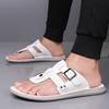 Men Black Leather Slippers Simple Flats Summer White Flip Flops Outdoor Sandals Blue Open Toe Beach Shoes Plus Size