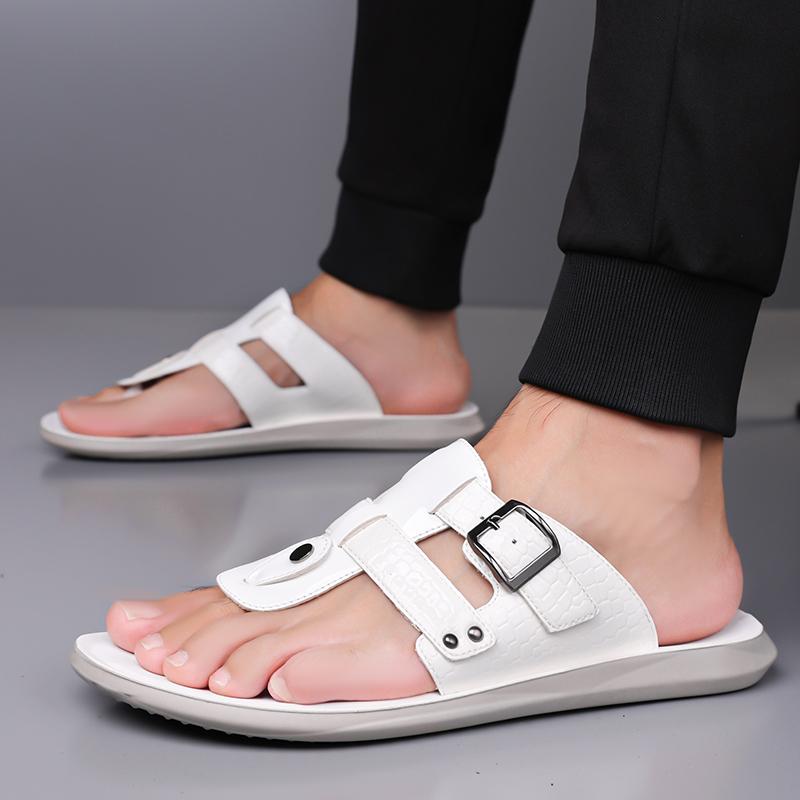 Men Black Leather Slippers Simple Flats Summer White Flip Flops Outdoor Sandals Blue Open Toe Beach Shoes Plus Size