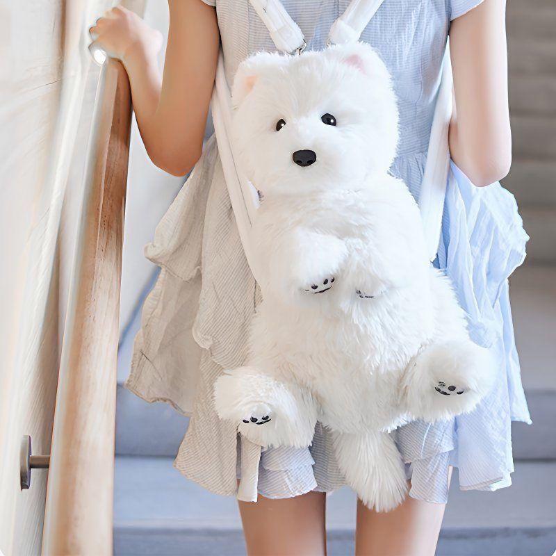 JIAERDI Plush Sweet Cute Dog White Backpack Women Harajuku Realistic Puppy Mini Backpacks Ladies Soft Animal Mochilas Mujer
