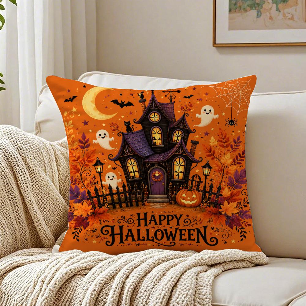 Halloween Cute Ghost Black Cat Cushion Cover Organic Short Plush Cushion Covers Machine Washable Wrinkle-Resistant Soft Durable
