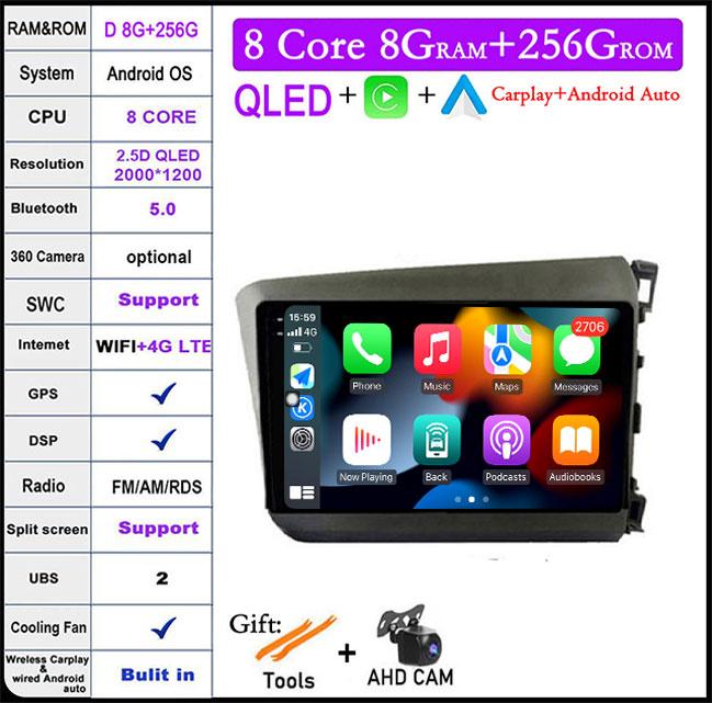 For HONDA INSIGHT 2 2009 2010 2011 2012 2013 2014 Android 14 Car Auto Radio Navi GPS Multimedia Player 4G+WIFI  Carplay Stereo