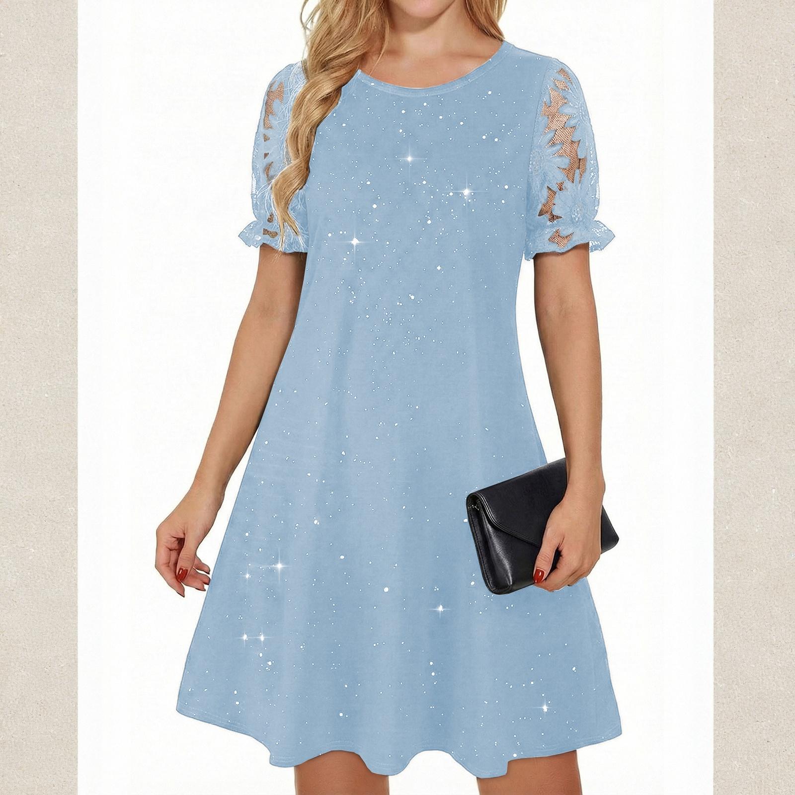 Ladies  Round Neck Lace Patchwork Short Sleeved Slim Fit Dress XL
