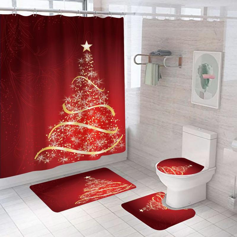 

Christmas Shower Curtain with Holiday Greetings - Red Waterproof Bathroom Linen No-Drill Hanging Decor 180*180cm