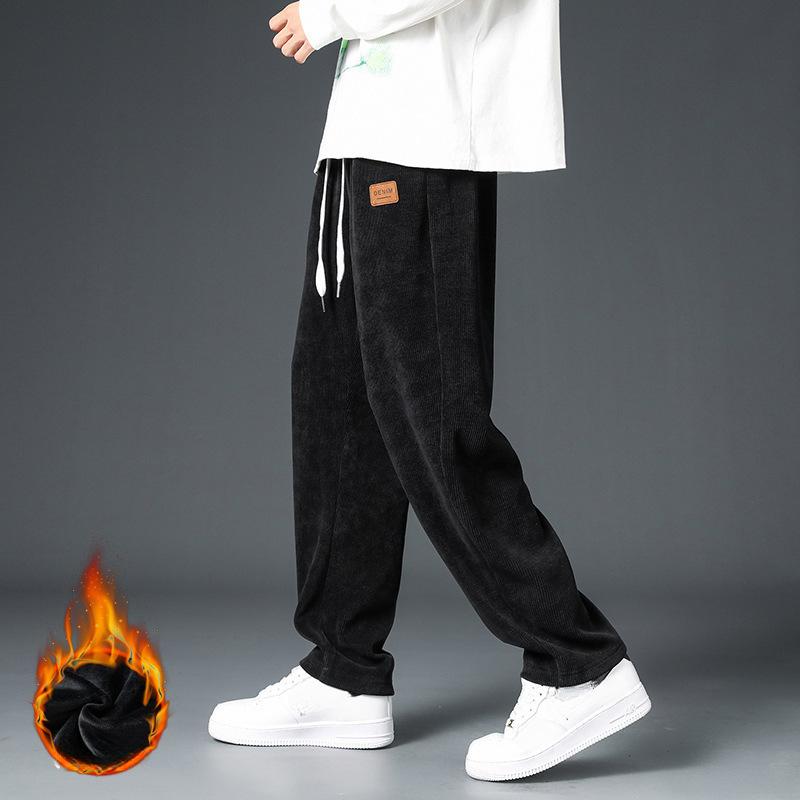 Drawstring Fleece Pants Cozy Plush Men's Winter Pants with Wide Leg Drawstring Waist for Warmth Comfort Soft Straight Trousers