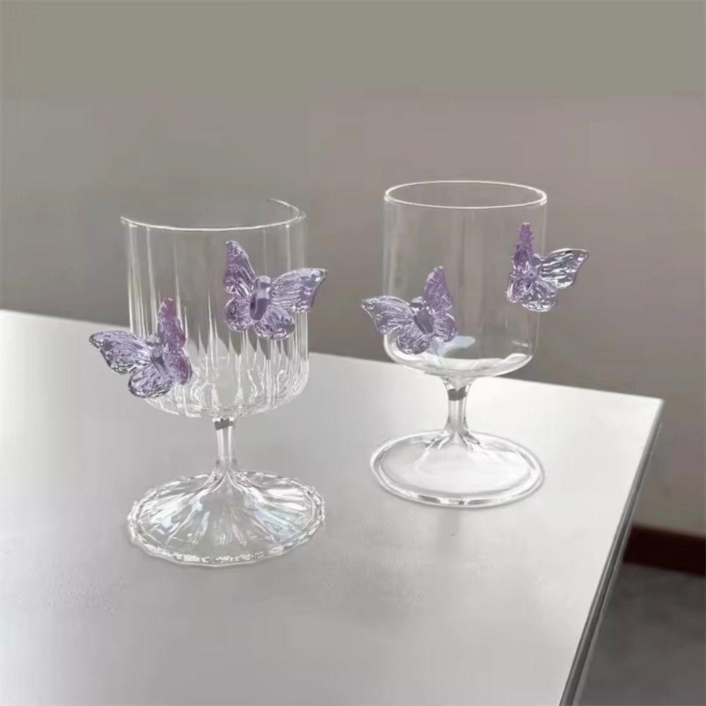 INS High Legged Glass Cup Decorative Glass Goblet with Butterfly Ornament Home