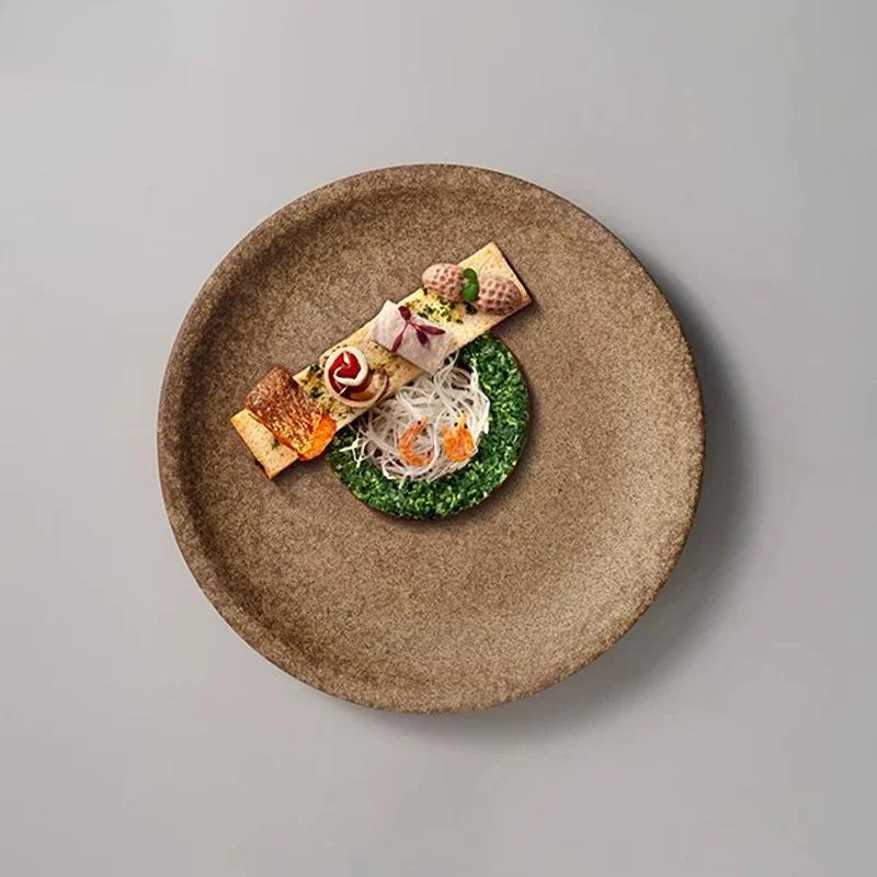 Vintage Mrożony Brązowy Ceramiczny Talerz Restauracyjny Okrągły Talerz na Stek Talerz na Makaron Talerzyki Deserowe Talerzyki na Przekąski Kreatywne Talerze na Sałatkę