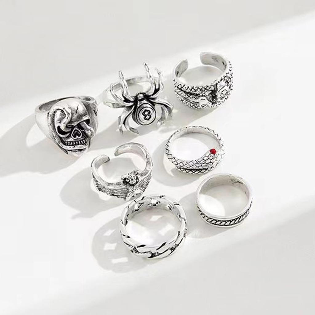 Inel hip-hop nou, din șapte piese, heavy metal, vânt întunecat, șarpe păianjen vechi, craniu de liliac, inel de șarpe cu două capete