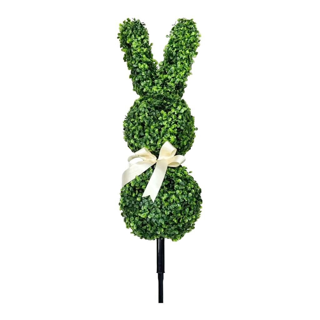 Artificial Boxwood Bunny Topiary for Outdoor and Indoor Decorative Use with Ribbon Bow and Sturdy Support Stake for Garden Patio Home Office